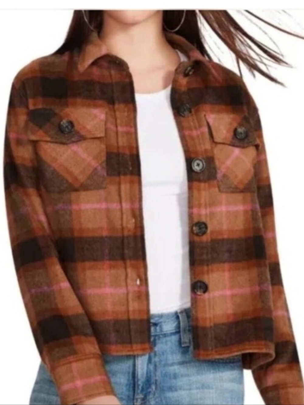 Steve Madden BB Dakota Women's Brown/Pink Plaid Shacket Shirt Size XL